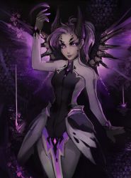 Rule 34 | 1girl, abstract background, alternate costume, arm up, armor, bodysuit, breasts, cowboy shot, dark background, dark persona, demon horns, facial mark, faulds, forehead mark, glowing, glowing eyes, glowing wings, hair tie, highres, horns, imp mercy, lipstick, looking at viewer, makeup, matilda fiship, md5 mismatch, mechanical wings, mercy (overwatch), overwatch, overwatch 1, pelvic curtain, ponytail, purple eyes, purple hair, purple lips, purple wings, small breasts, solo, wings