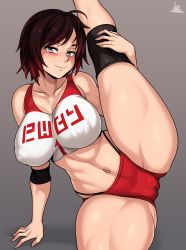 Rule 34 | 1girl, absurdres, ahoge, arm support, artist name, bare shoulders, black hair, black panties, blush, breasts, cameltoe, cleavage, collarbone, covered erect nipples, elbow pads, flexible, gradient hair, grey background, grey eyes, gym uniform, highres, jmg, knee pads, large breasts, leg lift, legs, looking at viewer, multicolored hair, naughty face, navel, panties, red hair, ruby rose, rwby, seductive smile, short hair, short shorts, shorts, skin tight, sleeveless, smile, solo, split, sports bra, sportswear, standing, standing on one leg, standing split, stomach, thick thighs, thighs, thong, two-tone sports bra, underwear, volleyball uniform