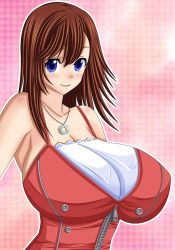 Rule 34 | 1girl, bare shoulders, blue eyes, breasts, brown hair, female focus, highres, huge breasts, jewelry, kairi (kingdom hearts), kingdom hearts, long hair, looking at viewer, necklace, red hair, seraphina, solo, zipper