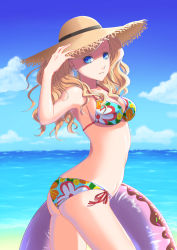 Rule 34 | 1girl, arm up, armpits, beach, bikini, black ribbon, blonde hair, blue eyes, blue sky, blurry, blurry background, breasts, cleavage, closed mouth, cloud, collarbone, cowboy shot, day, earrings, floral print, from side, halterneck, hat, hat ribbon, highres, innertube, jewelry, long hair, looking at viewer, medium breasts, ocean, outdoors, persona, persona 5, print bikini, ribbon, side-tie bikini bottom, sideboob, sky, solo, standing, straw hat, string bikini, summer, sun hat, swept bangs, swim ring, swimsuit, takamaki anne, twintails, twisted torso, yellow hat, yoruno mahiru