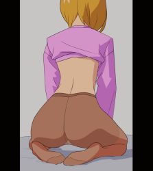 Rule 34 | 1girl, animated, animated gif, ass, bed, blonde hair, brown eyes, clothes lift, animated gif, jiggle, long sleeve shirt, looking back, pantyhose, pink shirt, shirt, shirt lift, some1else45