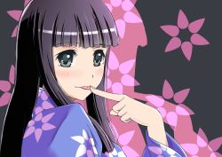 Rule 34 | 1girl, araragi tsukihi, black eyes, black hair, blush, flower, highres, japanese clothes, kimono, long hair, monogatari (series), nenchi, smile, solo, tongue, tongue out