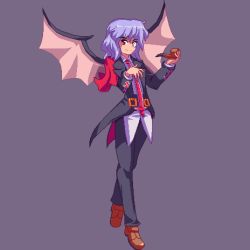 Rule 34 | 1girl, bat wings, black pants, black vest, blouse, brown background, brown footwear, closed mouth, collared shirt, cosplay, full body, guilty gear, hand on own chest, holding, holding smoking pipe, long sleeves, looking at viewer, lowres, monocle, necktie, oekaki, pants, potemki11, purple hair, red eyes, red necktie, remilia scarlet, shirt, simple background, slayer (guilty gear), slayer (guilty gear) (cosplay), smile, smoking pipe, solo, standing, touhou, vest, white shirt, wings
