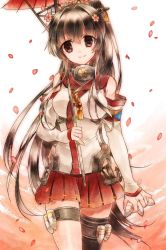 Rule 34 | 10s, 1girl, bare shoulders, breasts, brown hair, detached sleeves, flower, hair flower, hair ornament, headgear, kantai collection, large breasts, long hair, looking at viewer, miniskirt, momoiro, pleated skirt, ponytail, red eyes, red skirt, single thighhigh, skirt, solo, thighhighs, torpedo, umbrella, very long hair, yamato (kancolle)