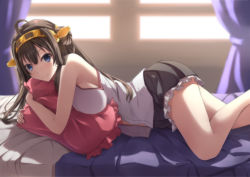 Rule 34 | 10s, 1girl, bare shoulders, blouse, breasts, brown hair, curtains, double bun, frills, hair ornament, hairband, headgear, japanese clothes, kantai collection, kongou (kancolle), large breasts, long hair, lying, nicoby, nontraditional miko, on bed, on stomach, shirt, skirt, smile, solo, window