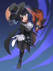 Rule 34 | 1girl, :d, argyle, argyle bow, argyle clothes, ascot, black cape, black dress, black footwear, black hair, black headwear, black jacket, black pantyhose, black ribbon, boots, bow, breasts, cape, creatures (company), dress, from above, full body, game freak, gem, gen 8 pokemon, gloves, hair ribbon, hat, hat bow, hat ribbon, highres, index finger raised, jacket, large breasts, looking at viewer, lower teeth only, monocle, nintendo, official alternate costume, opaque monocle, open mouth, pantyhose, pointing, pointing at viewer, pokemon, pokemon (creature), pokemon masters ex, red eyes, red gemstone, ribbon, short hair, smile, standing, star (symbol), star print, teeth, thievul, white ascot, white gloves, yuro (mangasukinoyuro), zinnia (pokemon), zinnia (special costume) (pokemon)