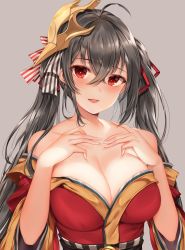 Rule 34 | 1girl, absurdres, ahoge, azur lane, bad id, bad twitter id, bare shoulders, black hair, blush, breast suppress, breasts, cleavage, collarbone, commentary, crossed bangs, dress, gold trim, grey background, hair between eyes, hair ornament, hair ribbon, head tilt, highres, huge breasts, japanese clothes, large breasts, long hair, looking at viewer, lower teeth only, mask, mask on head, obi, off shoulder, open mouth, red dress, red eyes, ribbon, sash, sidelocks, simple background, smile, solo, taihou (azur lane), teeth, twintails, upper body, very long hair, wide sleeves, zerocat