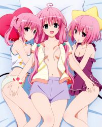 Rule 34 | 3girls, :d, absurdres, ahoge, breasts, cleavage, collarbone, dress, flower, girl sandwich, green eyes, hair flower, hair ornament, highres, huge filesize, index finger raised, lala satalin deviluke, long hair, looking at viewer, lying, medium breasts, momo velia deviluke, multiple girls, nana asta deviluke, navel, official art, on back, on side, open clothes, open mouth, open shirt, pink eyes, pink hair, purple dress, sandwiched, scan, shirt, short hair, shorts, siblings, sisters, small breasts, smile, to love-ru, twins
