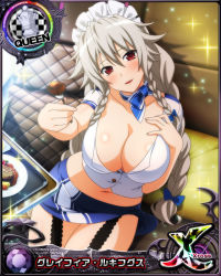 Rule 34 | 1girl, blue bow, blush, bow, braid, breasts, card (medium), chess piece, cleavage, female focus, food, fork, garter straps, grayfia lucifuge, grey hair, hair bow, high school dxd, holding, holding fork, large breasts, long hair, looking at viewer, maid headdress, mature female, navel, official art, queen (chess), red eyes, solo, twin braids