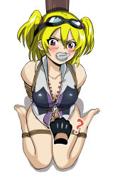 Rule 34 | 1girl, aden, barefoot, bdsm, blonde hair, blush, bondage, bound, bound ankles, bound arms, bound legs, breast bondage, breasts, cleavage, cloth gag, collarbone, daikinbakuju, didnapper, feet, gag, gagged, goggles, goggles on head, hair between eyes, highres, improvised gag, legs, no panties, no pants, open collar, purple eyes, rope, thighs, twintails, unzipped, zipper