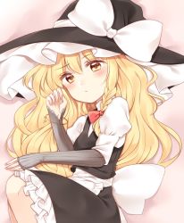 Rule 34 | 1girl, apron, arm warmers, blonde hair, blush, bracelet, breasts, cocked eyebrow, fingernails, hat, jewelry, kirisame marisa, long hair, looking at viewer, lying, on side, puffy sleeves, sash, skirt, small breasts, solo, touhou, vest, waist apron, wavy hair, witch hat, yellow eyes, yururi nano