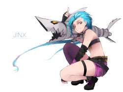 Rule 34 | 1girl, absurdres, bare shoulders, belt, blue hair, boots, braid, breasts, bullet, combat boots, fingerless gloves, full body, gloves, grin, highres, jinx (league of legends), league of legends, long hair, looking at viewer, pink eyes, rocket launcher, shorts, small breasts, smile, solo, squatting, tattoo, twin braids, very long hair, weapon