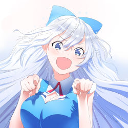 Rule 34 | 1girl, aged up, alternate breast size, alternate hair length, alternate hairstyle, bad id, bad pixiv id, blue eyes, blue hair, blush, bow, breasts, cirno, cirno-nee, cleavage, hair bow, large breasts, long hair, matching hair/eyes, open mouth, pointing, solo, touhou, very long hair, yamada ranga