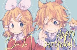 Rule 34 | &gt; o, 1boy, 1girl, anniversary, blonde hair, blue background, blue eyes, blue sweater, bow, cheek pinching, chibi, closed mouth, hair bow, hair ornament, hairclip, happy birthday, kagamine len, kagamine rin, kibidesu, looking at another, messy hair, one eye closed, outline, pinching, red sweater, short hair, siblings, sweater, teeth, twins, vocaloid, white outline