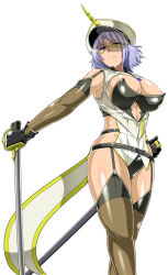 Rule 34 | 1girl, armpit peek, armpits, bare shoulders, breasts, character request, cleavage, cleavage cutout, clothing cutout, copyright request, garter belt, garter straps, glasses, hat, large breasts, looking at viewer, nipple slip, nipples, peaked cap, purple hair, saber (weapon), saizu nitou gunsou, semi-rimless eyewear, shaded face, simple background, solo, sword, under-rim eyewear, weapon, white background, white hat, yellow-framed eyewear