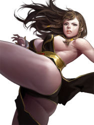 Rule 34 | 1girl, alternate hairstyle, armpits, ass, bare hips, bare shoulders, black dress, black panties, bracelet, braid, breasts, brown eyes, brown hair, capcom, china dress, chinese clothes, chun-li, cleavage, covered erect nipples, dongho kang, dress, female focus, from below, hair down, jewelry, kicking, large breasts, leg up, lips, long hair, looking at viewer, no bra, official alternate costume, panties, parted lips, pelvic curtain, realistic, revealing clothes, sideboob, solo, spiked bracelet, spikes, street fighter, street fighter v, twin braids, underwear