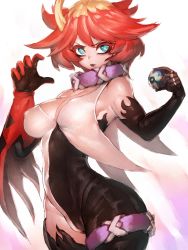 Rule 34 | 1girl, bare shoulders, belt, black bodysuit, black gloves, black lips, black thighhighs, blonde hair, blue eyes, bodysuit, breasts, cleavage, closed mouth, collar, covered erect nipples, cowboy shot, creatures (company), elbow gloves, fumio (rsqkr), game freak, gloves, hand on own hip, highres, holding, holding poke ball, large breasts, lips, lipstick, makeup, mela (pokemon), multicolored hair, nintendo, poke ball, pokemon, pokemon sv, purple belt, red hair, short hair, solo, standing, thighhighs, two-sided fabric, two-tone hair