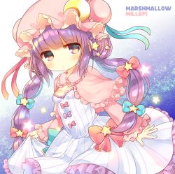 Rule 34 | 1girl, bad id, bad pixiv id, blue bow, blue ribbon, blunt bangs, blush, bow, breasts, bun cover, capelet, circle name, cleavage, commentary request, crescent, double bun, dress, frilled capelet, frilled dress, frilled sleeves, frills, hair bun, hair ornament, hat, long hair, long sleeves, looking at viewer, mashiro miru, mob cap, patchouli knowledge, pink bow, pink hat, pink ribbon, purple eyes, purple hair, ribbon, skirt hold, small breasts, solo, star (symbol), star hair ornament, striped clothes, striped dress, touhou, twintails, vertical-striped clothes, vertical-striped dress