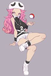 Rule 34 | 10s, 1girl, bandana, bandana over mouth, bare legs, chain, chain necklace, creatures (company), eyeshadow, full body, game freak, hat, highres, jewelry, makeup, necklace, nintendo, npc trainer, pink eyes, pink hair, pokemon, pokemon sm, punipaws, shoes, short shorts, shorts, simple background, sitting, sleeveless, sneakers, solo, team skull, team skull grunt, thigh strap, throwing poke ball, white hat, wristband