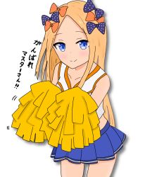 Rule 34 | 1girl, abigail williams (fate), alternate costume, atsumisu, bad id, bad pixiv id, blonde hair, blue eyes, blue skirt, bow, breasts, cheerleader, closed mouth, collarbone, commentary request, cowboy shot, fate/grand order, fate (series), forehead, hair bow, highres, holding, leaning forward, long hair, looking at viewer, orange bow, parted bangs, pleated skirt, polka dot, polka dot bow, pom pom (cheerleading), purple bow, shadow, shirt, skirt, sleeveless, sleeveless shirt, small breasts, smile, solo, standing, translated, very long hair, white background, white shirt