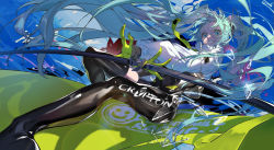 Rule 34 | 1girl, 39, blue eyes, blue hair, broken glass, feihuanjiang, glass, gloves, grin, hatsune miku, highres, long hair, long sleeves, looking at viewer, parted lips, racing miku, racing miku (2022), single thighhigh, smile, solo, teeth, thighhighs, twintails, very long hair, vocaloid