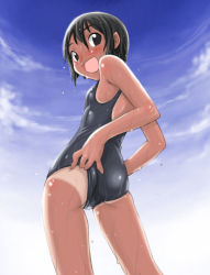 Rule 34 | 1girl, :d, adjusting clothes, adjusting swimsuit, ass, dark skin, dark-skinned female, day, flat chest, one-piece swimsuit, one-piece tan, open mouth, school swimsuit, short hair, sky, smile, solo, swimsuit, tan, tanline, wet