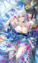 Rule 34 | 2girls, absurdres, ahoge, animal ear fluff, animal ears, azur lane, black hair, blue eyes, blue kimono, breasts, cleavage, for-miku, fox ears, fox tail, hair between eyes, hair ornament, highres, huge breasts, japanese clothes, kimono, large breasts, long hair, mask, mask on head, multiple girls, multiple tails, partially submerged, print kimono, red eyes, red kimono, shinano (azur lane), taihou (azur lane), tail, wet, wet clothes, wet thighhighs