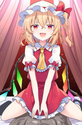 Rule 34 | 1boy, 1girl, abs, ascot, blonde hair, blush, commentary request, cowgirl position, crystal, duplicate, e.o., fang, flandre scarlet, hair between eyes, hat, highres, medium hair, mob cap, muscular, muscular male, on person, one side up, open mouth, pixel-perfect duplicate, puffy short sleeves, puffy sleeves, red eyes, red skirt, red vest, shirt, short sleeves, sitting, skirt, smile, solo focus, straddling, thighs, touhou, v-shaped eyebrows, vest, wariza, white headwear, white shirt, wings, yellow ascot