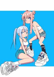 Rule 34 | 2girls, ahoge, bare shoulders, between legs, black socks, blue background, blue eyes, blue hair, blue shorts, blush, breasts, closed mouth, denim, denim shorts, double bun, fila, hair bun, hand between legs, highres, light blue hair, long hair, looking at viewer, midriff, multiple girls, nao97122, navel, open mouth, original, outside border, pink hair, ponytail, shoes, short hair with long locks, short shorts, shorts, sitting, small breasts, sneakers, socks, sports bra, standing, white footwear, white socks, white sports bra