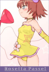 Rule 34 | 00s, 1girl, bare shoulders, blue eyes, blush, breasts, character name, choker, cowboy shot, detached sleeves, diabolo, flat chest, flower, gradient background, kaleido star, no bra, red hair, rosetta passel, short hair, simple background, small breasts, smile, solo, standing, star (symbol), yuuichi (tareme paradise)