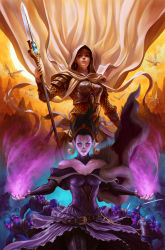 Rule 34 | 2girls, armor, capelet, colored skin, comic cover, commentary, cover, cover page, dave rapoza, detached collar, dress, earrings, elspeth tirel, english commentary, fantasy, floating hair, flying, fur capelet, glowing, glowing eyes, gold headband, highres, holding, holding lance, holding polearm, holding weapon, hood, jewelry, knight, lance, liliana vess, looking at viewer, magic: the gathering, multiple girls, off-shoulder dress, off shoulder, official art, open hands, open mouth, polearm, purple dress, purple eyes, purple hair, purple skin, realistic, skeleton, weapon, wings