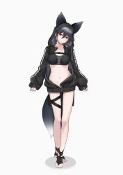 Rule 34 | 1girl, absurdres, alternate costume, animal ear fluff, animal ears, ankle wrap, black jacket, breasts, collarbone, deku suke, drawstring, ears through headwear, fox ears, fox girl, fox tail, full body, grey hair, hair between eyes, head tilt, highleg, highleg panties, highres, hood, hood up, hooded jacket, jacket, kemono friends, light smile, long sleeves, looking at viewer, medium breasts, navel, open clothes, open jacket, panties, partially unzipped, puffy long sleeves, puffy sleeves, silver fox (kemono friends), simple background, sleeves past wrists, solo, standing, stomach, tail, thigh strap, toes, underwear, white background