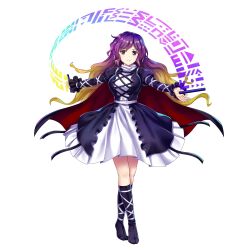 Rule 34 | 1girl, black cape, black dress, black footwear, breasts, brown eyes, brown hair, cape, closed mouth, contrapposto, cross-laced clothes, dress, full body, game cg, gradient eyes, gradient hair, highres, hijiri byakuren, juliet sleeves, large breasts, long hair, long sleeves, looking at viewer, multicolored eyes, multicolored hair, puffy sleeves, purple eyes, purple hair, rotte (1109), simple background, smile, solo, sorcerer&#039;s sutra scroll, third-party source, touhou, touhou lostword, undefined fantastic object, white background, white dress