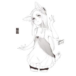 Rule 34 | 1girl, animal ears, blush, breasts, character request, commentary request, dress, ejami, flower, greyscale, hair flower, hair ornament, long hair, looking at viewer, monochrome, see-through, signature, simple background, solo, tail, white background