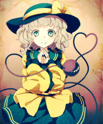Rule 34 | 1girl, black hat, blouse, blush, collared shirt, dise (psychoro), eyeball, floral print, frilled shirt collar, frilled sleeves, frills, green eyes, green skirt, hat, hat ribbon, heart, heart of string, jewelry, komeiji koishi, long sleeves, looking at viewer, own hands together, ribbon, ring, rose print, shirt, silver hair, skirt, smile, solo, third eye, touhou, wavy hair, wide sleeves, yellow ribbon, yellow shirt