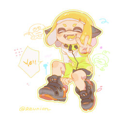 Rule 34 | 1girl, :d, ^ ^, agent 4 (splatoon), arm support, artist name, bike shorts, black footwear, black headphones, black shorts, blonde hair, blunt bangs, blush stickers, boots, chinese commentary, closed eyes, colored tongue, commentary request, doodle inset, facing viewer, fangs, full body, green jacket, headphones, high collar, highres, inkling, inkling girl, inkling player character, invisible chair, jacket, jaggy lines, medium hair, nintendo, open mouth, outline, outstretched arm, rrreunion4, shorts, sitting, smile, solo, splatoon (series), splatoon 2, striped clothes, striped jacket, tentacle hair, v, v-shaped eyebrows, white background, yellow outline, yellow tongue, zapfish, zipper, zipper pull tab
