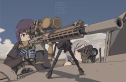 2girls aiming alternate_costume blue_gloves blue_sky cloud cloudy_sky elf english_text etmc1992 fern_(sousou_no_frieren) frieren gloves grey_hair gun h&amp;k_g28 highres holding holding_telescope humvee long_hair looking_through_scope motor_vehicle multiple_girls pointy_ears purple_hair rifle scope sky sniper_rifle sousou_no_frieren spotter suppressor telescope trigger_discipline tripod weapon