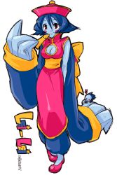 Rule 34 | 1girl, arm behind back, blue skin, breasts, capcom, character name, cleavage, cleavage cutout, clothing cutout, colored skin, flipped hair, full body, hat, lei lei, qingdai guanmao, simple background, solo, standing, vampire (game), white background