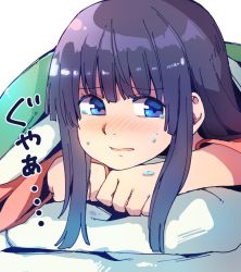 Rule 34 | 1girl, alternate hair color, anarogumaaa, bad id, bad pixiv id, blue eyes, blush, colored eyelashes, cover, crying, crying with eyes open, face, hime cut, houraisan kaguya, long hair, long sleeves, looking to the side, lying, on stomach, open mouth, pillow, purple hair, simple background, solo, tears, touhou, white background