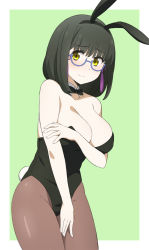 Rule 34 | 1girl, animal ears, bare shoulders, black hair, black leotard, blush, border, bow, bowtie, breast hold, breasts, cleavage, collarbone, commentary request, cowboy shot, detached collar, embarrassed, fake animal ears, fake tail, glasses, green background, hand on own arm, highres, large breasts, leotard, looking at viewer, mahouka koukou no rettousei, medium hair, pantyhose, playboy bunny, rabbit ears, rabbit tail, shibata mizuki, simple background, solo, strapless, strapless leotard, sumi (shibata3gb), tail, wavy mouth, white border, wing collar