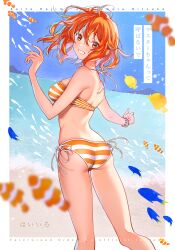 Rule 34 | 1girl, ass, bare arms, bare legs, bikini, blurry, blurry foreground, blush, bracelet, character name, copyright name, fate/grand order, fate (series), fish, floating hair, from behind, fujimaru ritsuka (female), grin, hair between eyes, halterneck, highres, jewelry, long hair, looking at viewer, looking back, orange bikini, orange eyes, orange hair, ribbon, shoulder blades, side-tie bikini bottom, smile, solo, standing, striped bikini, striped clothes, summer, swimsuit, uni (nico02), white ribbon