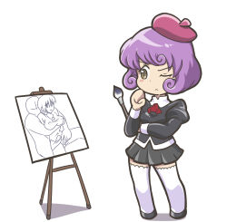 Rule 34 | 1girl, agent aika, aika (series), black delmo, black delmo leader, chibi, delmo, easel, full body, highres, jacket, kuroyoshi, painting (action), purple hair, short hair, skirt, solo, standing, stencil (object), thighhighs, uniform, white thighhighs