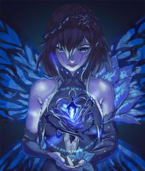 Rule 34 | 1girl, armpit crease, bare shoulders, blue light, bridal gauntlets, butterfly wings, dark, expressionless, fire emblem, fire emblem heroes, glowing, insect wings, lorilarry, nintendo, solo, triandra (fire emblem), upper body, wings