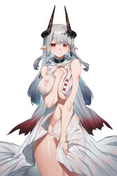 1girl absurdres arknights bare_shoulders black_collar chinese_commentary collar commentary_request covered_erect_nipples covering_crotch covering_privates cowboy_shot cross demon_horns dress earrings eyelashes ghosty_(xiaobai) green_pupils highres horns infection_monitor_(arknights) jewelry long_hair looking_at_viewer material_growth mudrock_(arknights) navel nipples oripathy_lesion_(arknights) pointy_ears red_eyes see-through_clothes see-through_silhouette single_earring solo standing white_background white_dress white_hair