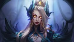 Rule 34 | 1girl, absurdres, backlighting, bare shoulders, black gloves, blonde hair, blurry, blurry background, claw ring, coven zyra, feather trim, gem, gloves, glowing, glowing eyes, hair ornament, hand up, highres, league of legends, long hair, qinhuaiyu (sihouette), red lips, shiny skin, smile, solo, yellow eyes, zyra