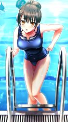 Rule 34 | 1girl, adjusting clothes, adjusting swimsuit, bare arms, bare legs, black hair, blue one-piece swimsuit, blush, breasts, brown eyes, collarbone, doukyuusei another world, game cg, hair between eyes, leaning forward, looking at viewer, medium breasts, official art, one-piece swimsuit, open mouth, pool ladder, school swimsuit, solo focus, swimsuit, todo aoi, updo