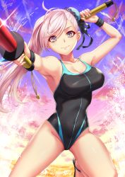 Rule 34 | 1girl, armpits, asymmetrical hair, bare shoulders, black one-piece swimsuit, black ribbon, blue eyes, blue one-piece swimsuit, blush, breasts, bun cover, cleavage, closed mouth, competition swimsuit, covered navel, fate/grand order, fate (series), hair bun, hair ribbon, highleg, highleg swimsuit, highres, large breasts, long hair, looking at viewer, miyamoto musashi (fate), miyamoto musashi (fate/grand order), miyamoto musashi (swimsuit berserker) (fate), miyamoto musashi (swimsuit berserker) (first ascension) (fate), ocean, one-piece swimsuit, pink hair, ribbon, sakiyamama, single hair bun, smile, solo, sunset, swept bangs, swimsuit, toy sword, two-tone swimsuit, wristband
