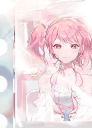 Rule 34 | 1girl, bang dream!, bare shoulders, blurry, blush, bokeh, choker, collarbone, depth of field, detached sleeves, highres, kiska (mnvy2332), light rays, looking at viewer, maruyama aya, mirror, one side up, pink choker, pink eyes, pink hair, reflection, smile, solo, tears, upper body