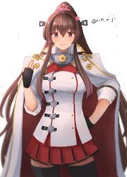 Rule 34 | 1girl, adapted costume, black thighhighs, breasts, brown eyes, brown hair, capelet, cherry blossoms, cosplay, fingerless gloves, flower, gloves, hair between eyes, hair flower, hair ornament, headgear, highres, kantai collection, large breasts, long hair, looking at viewer, miniskirt, musashi (kancolle), musashi (kancolle) (cosplay), ponytail, rin (rin niji), sakuramon, simple background, skirt, solo, thighhighs, twitter username, white background, yamato (kancolle)