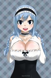 Rule 34 | 1girl, artist name, bare shoulders, blue eyes, blue hair, blush, braid, breast press, breasts, cleavage, collarbone, elbow gloves, facing viewer, fairy tail, gaston18, gloves, hands on breasts, hands up, happy, highres, juvia lockser, large breasts, long hair, looking at viewer, maid, maid clothes, maid headdress, open mouth, ribbon, smile, solo, teeth, tongue, twin braids, uniform, upper body